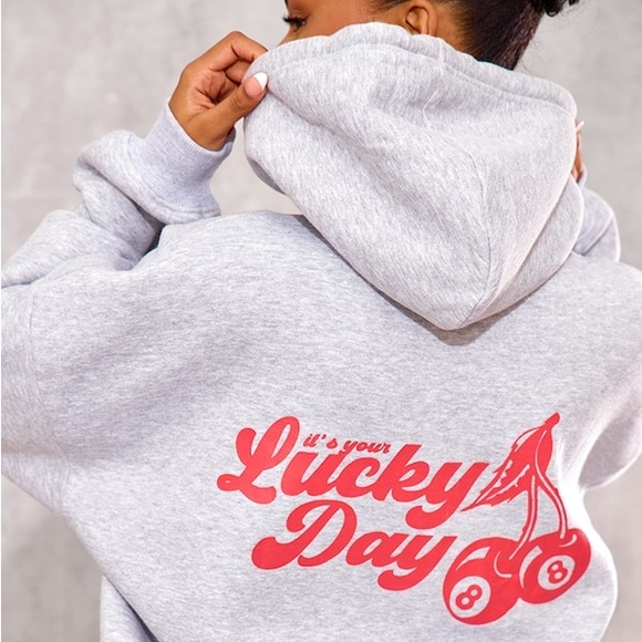 PrettyLittleThing Tops - Pretty Little Thing GREY MARL CHERRY PRINT OVERSIZED HOODIE